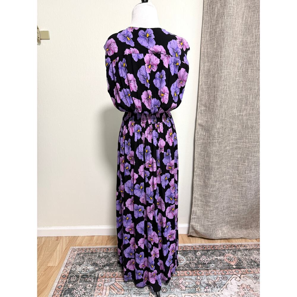 Ava Sky Hawaii Womens Floral Maxi Dress L Black Purple Deep V-Neck Front Slit - Picture 3 of 12